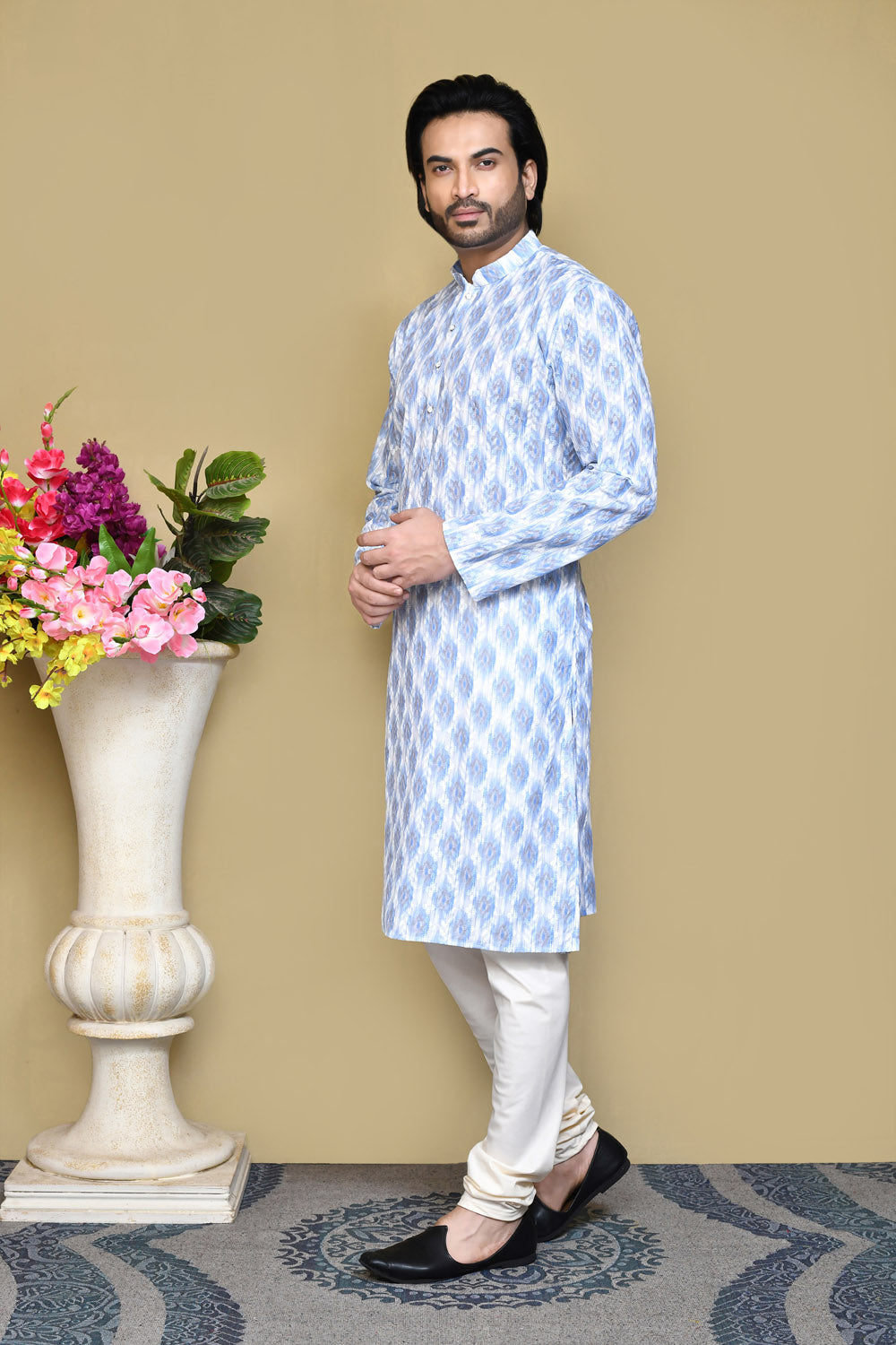 Sky Blue Colour Cotton Fabric Printed Kurta Pajama