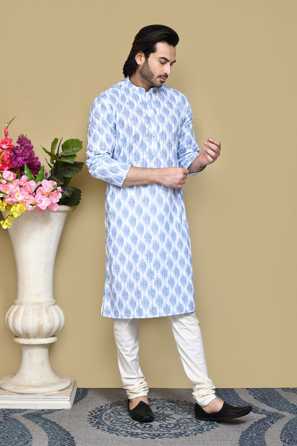 Sky Blue Colour Cotton Fabric Printed Kurta Pajama