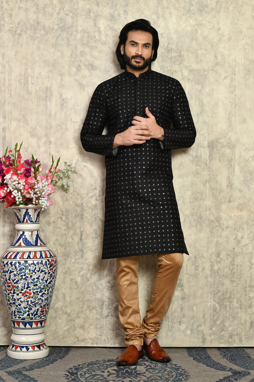 Black Colour Art Silk Fabric With Plain Style Kurta Pajama
