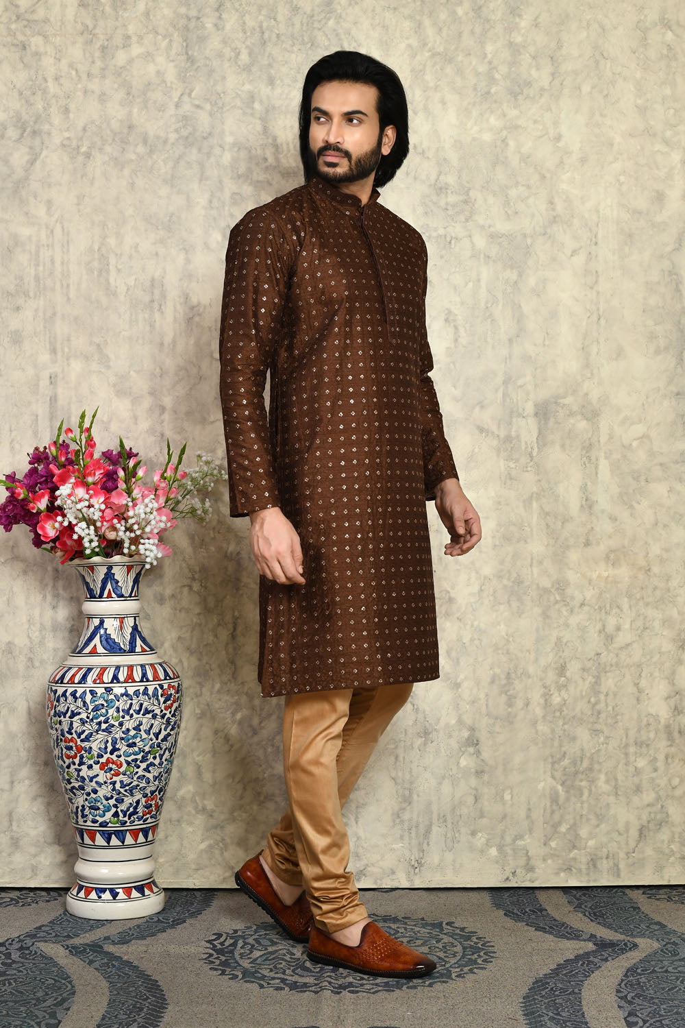 Chocolate Colour Art Silk Fabric With Plain Style Kurta Pajama