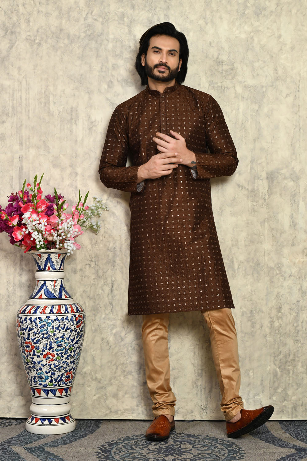 Chocolate Colour Art Silk Fabric With Plain Style Kurta Pajama