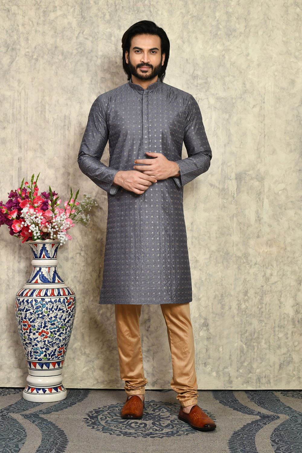 Grey Colour Art Silk Fabric With Plain Style Kurta Pajama