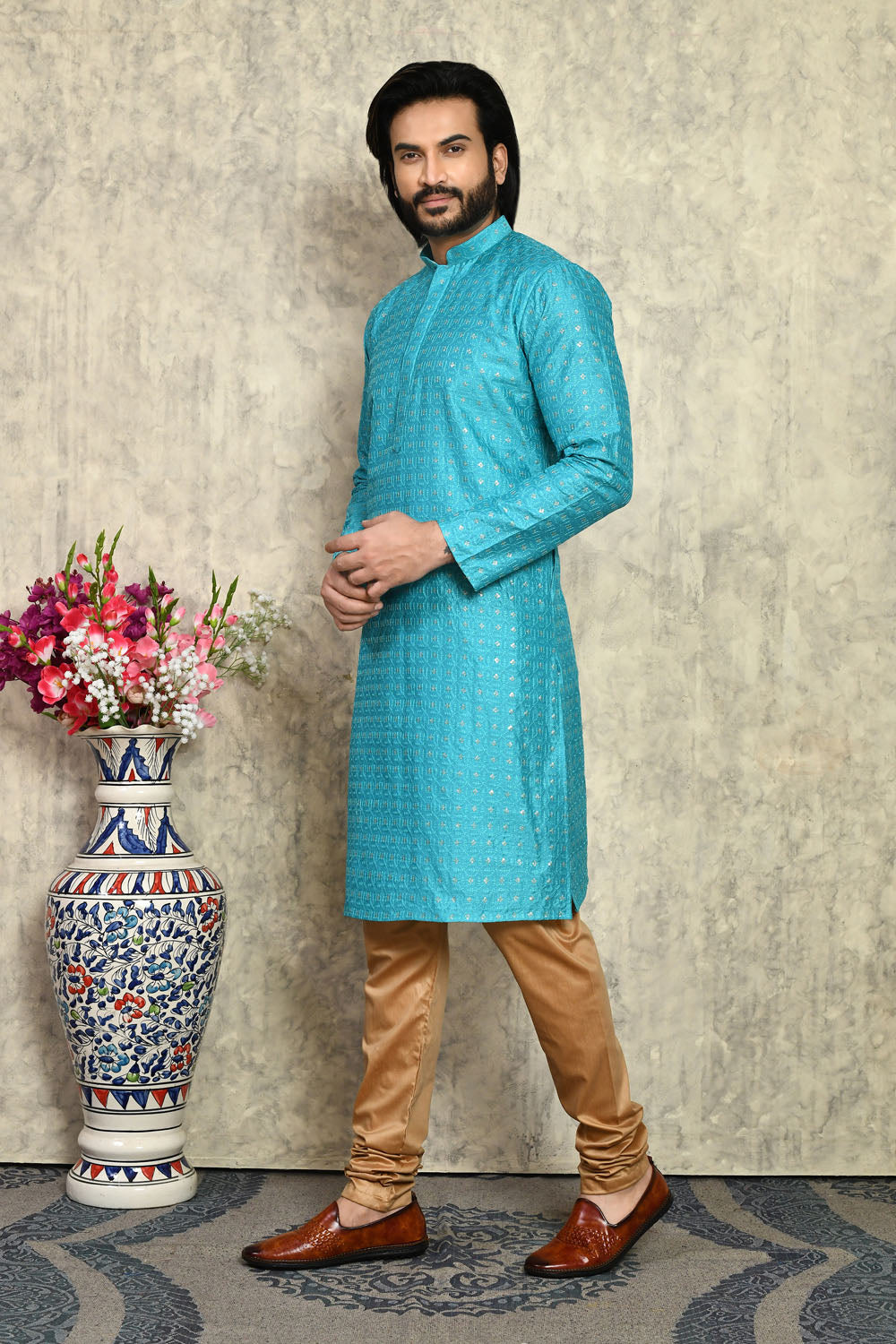 Turquoise Colour Art Silk Fabric With Plain Style Kurta Pajama