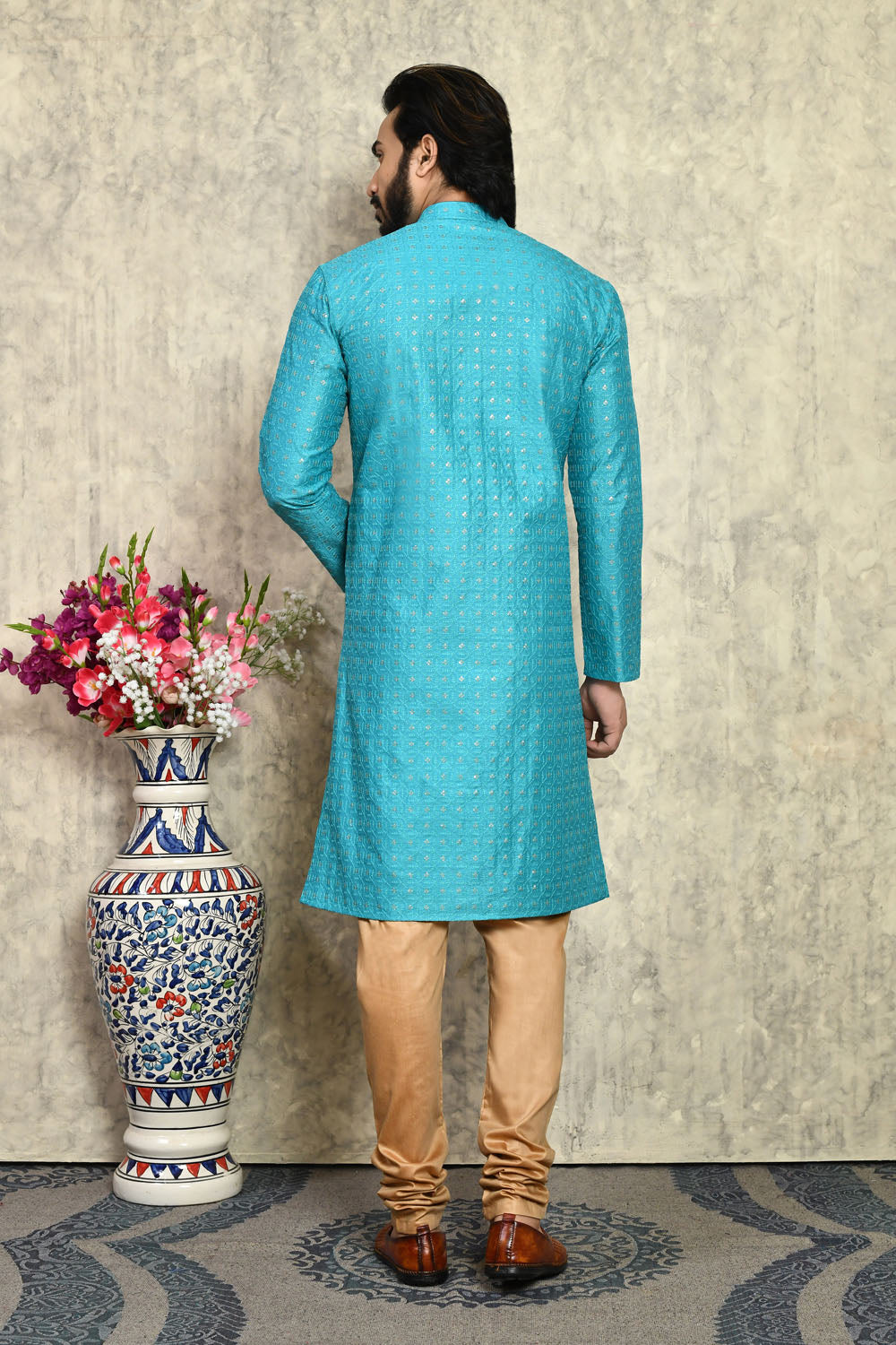 Turquoise Colour Art Silk Fabric With Plain Style Kurta Pajama