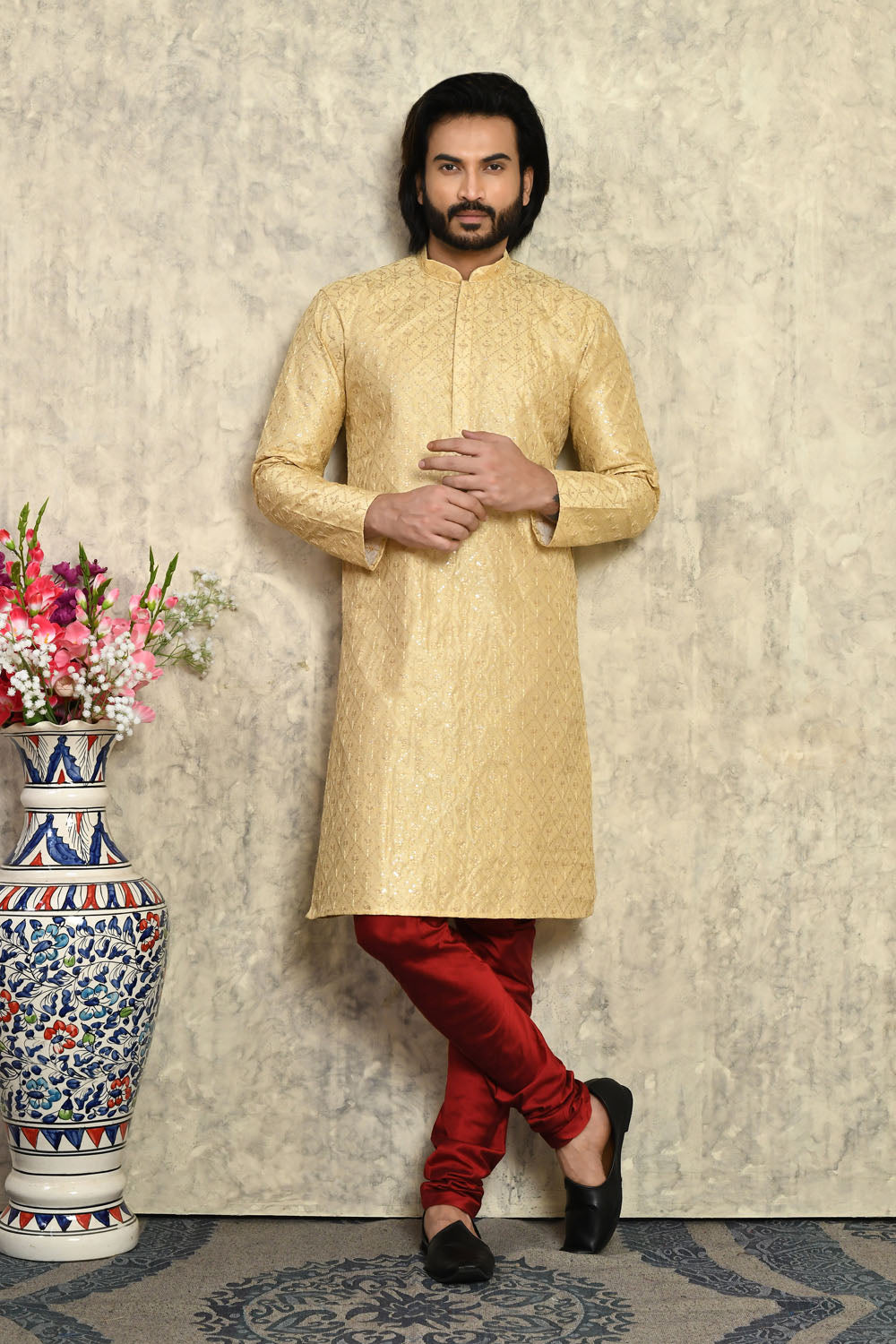 Gold Colour Art Silk Fabric With Plain Style Kurta Pajama