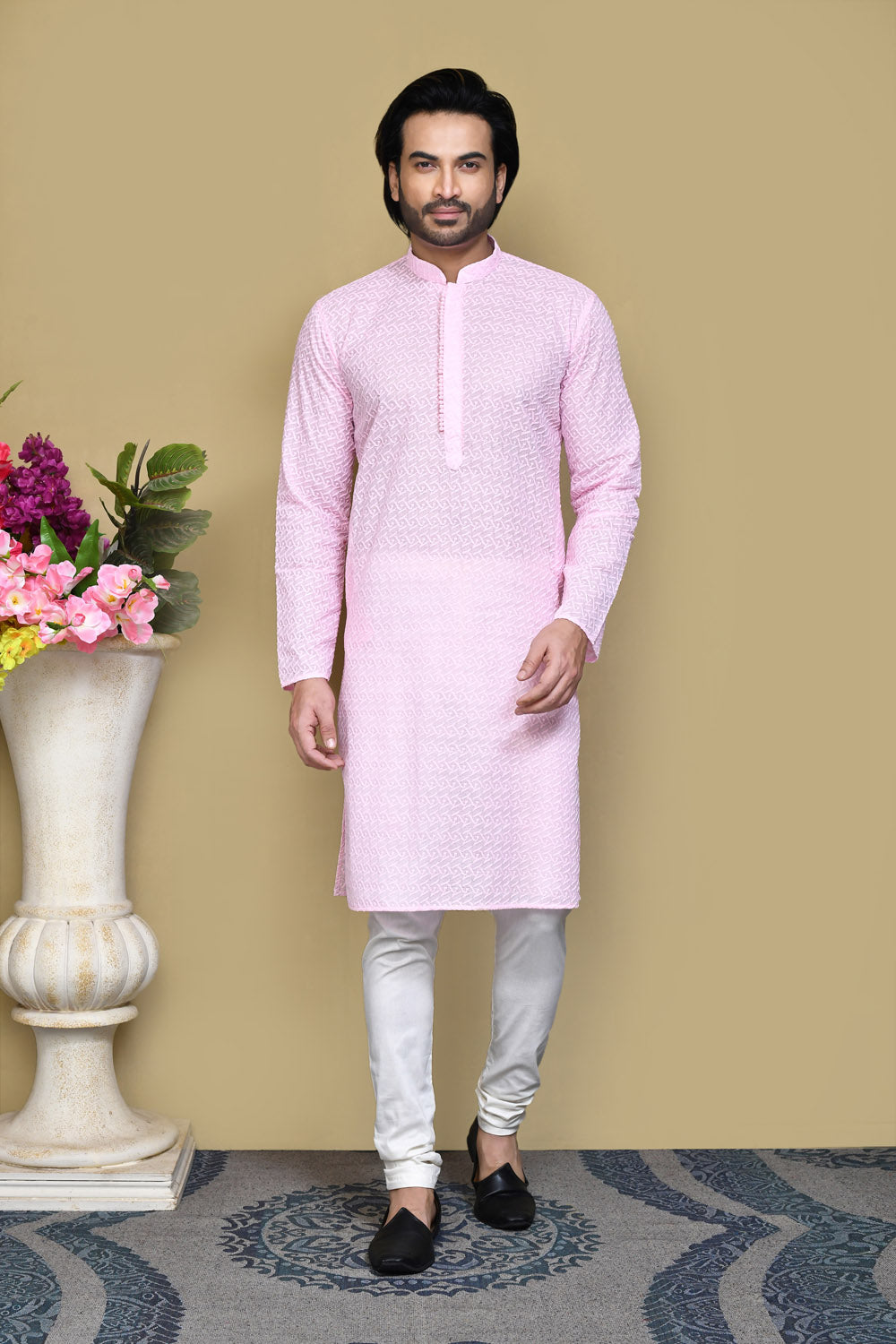 Pink Colour Cotton Fabric With Pattern Work Kurta Pajama