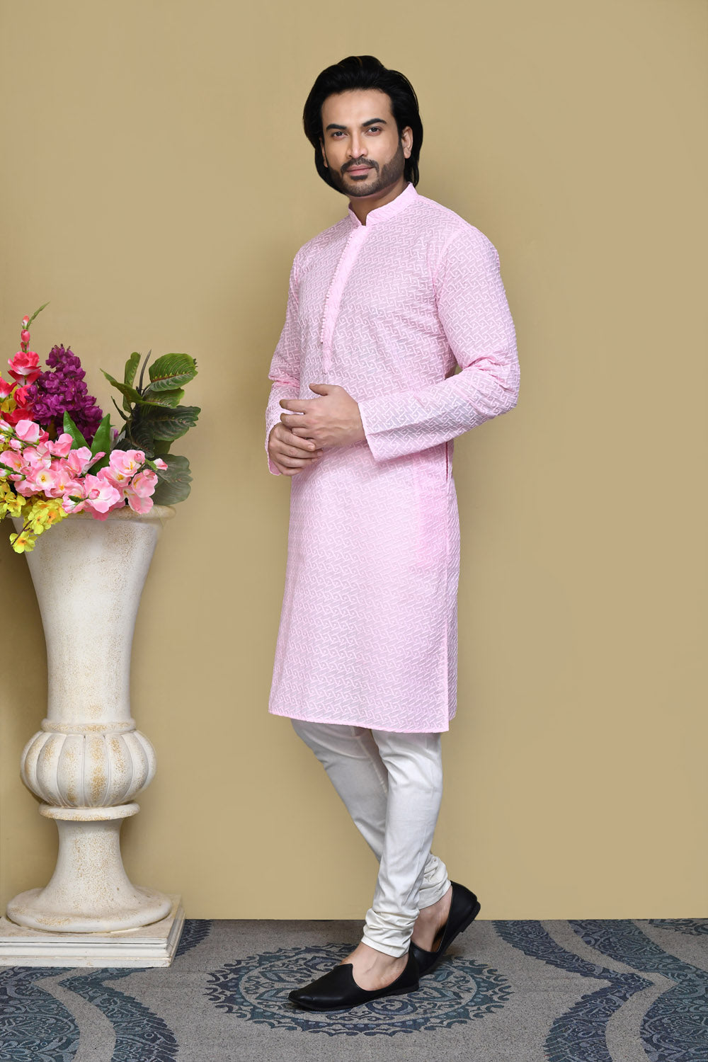 Pink Colour Cotton Fabric With Pattern Work Kurta Pajama