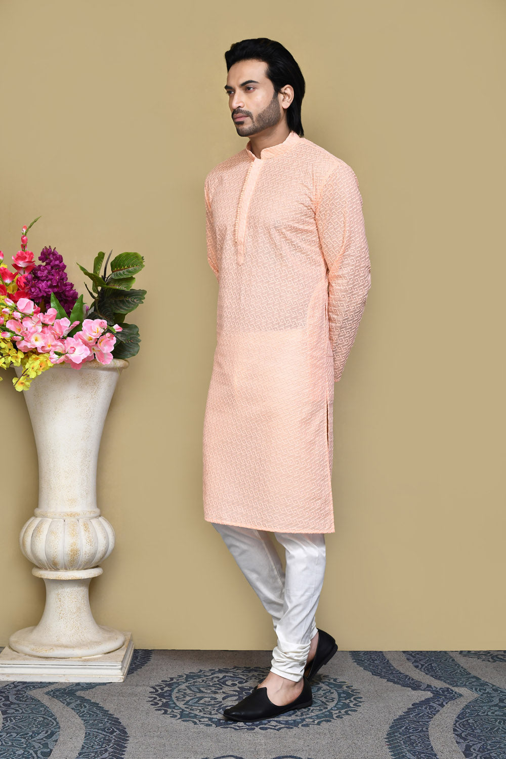 Rust Colour Cotton Fabric With Pattern Work Kurta Pajama