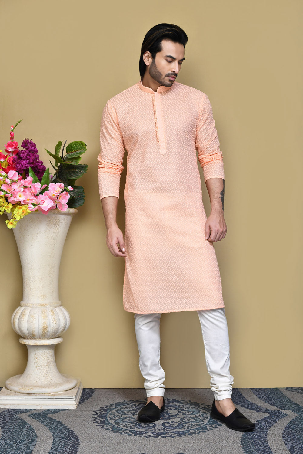 Rust Colour Cotton Fabric With Pattern Work Kurta Pajama