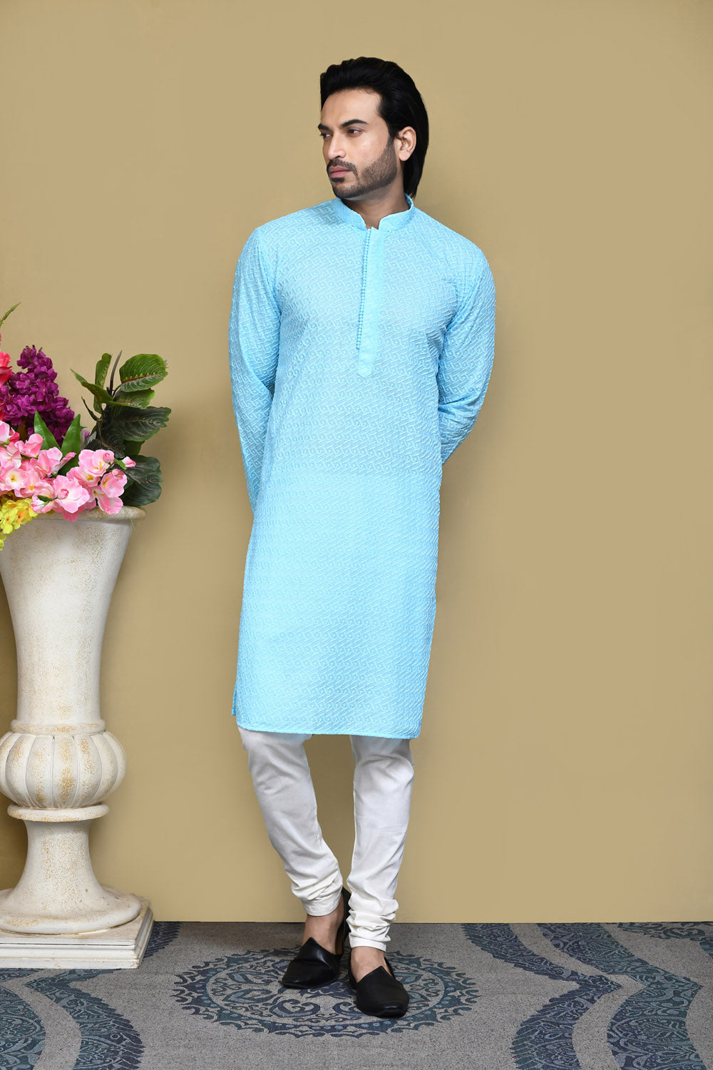 Sky Blue Colour Cotton Fabric With Pattern Work Kurta Pajama