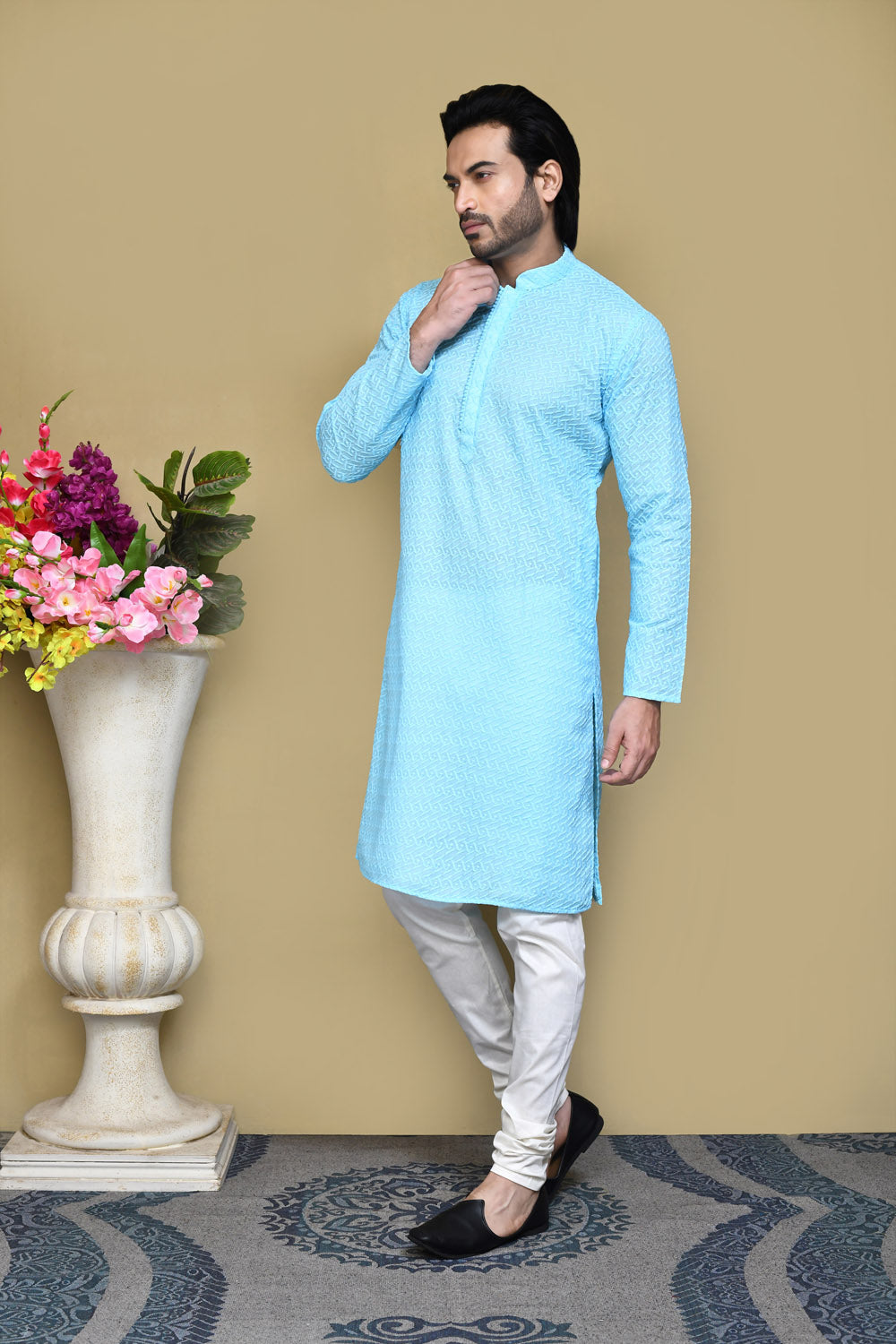 Sky Blue Colour Cotton Fabric With Pattern Work Kurta Pajama