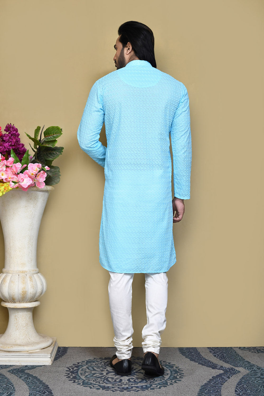 Sky Blue Colour Cotton Fabric With Pattern Work Kurta Pajama