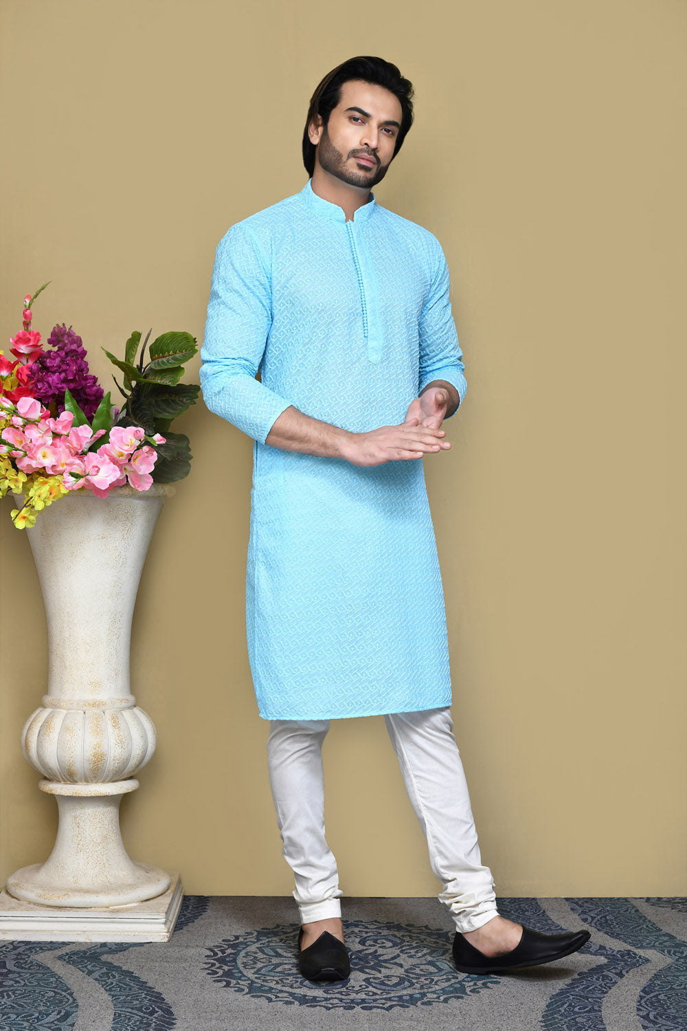 Sky Blue Colour Cotton Fabric With Pattern Work Kurta Pajama