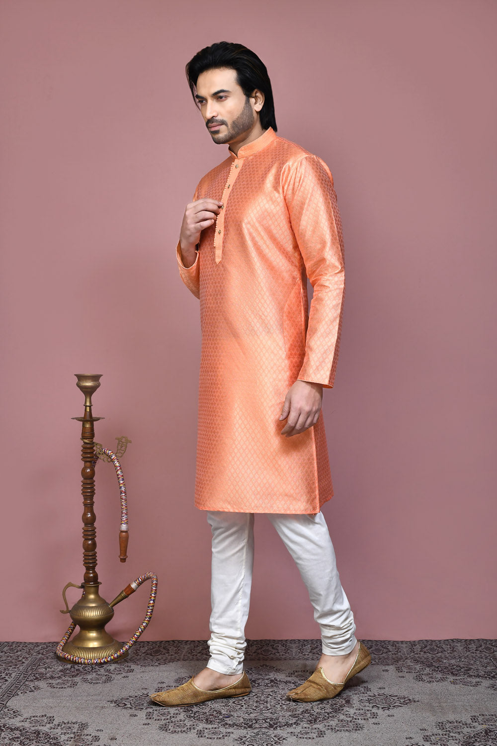 Rust Colour Art Silk Fabric Resham Woven Kurta Pajama