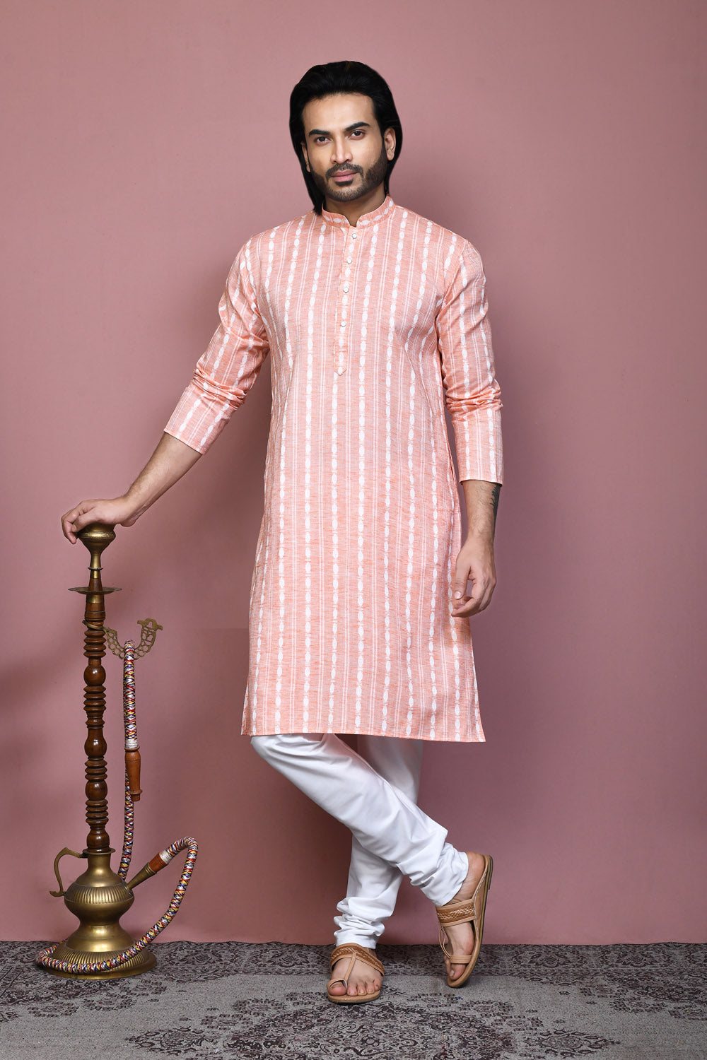 Orange Colour Cotton Fabric Printed Kurta Pajama