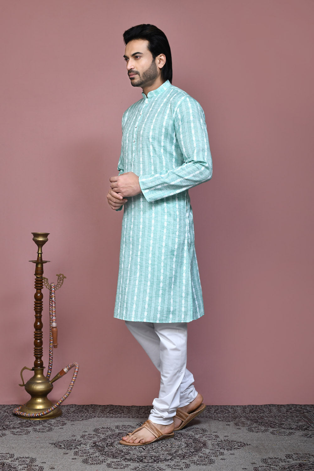 Green Colour Cotton Fabric Printed Kurta Pajama