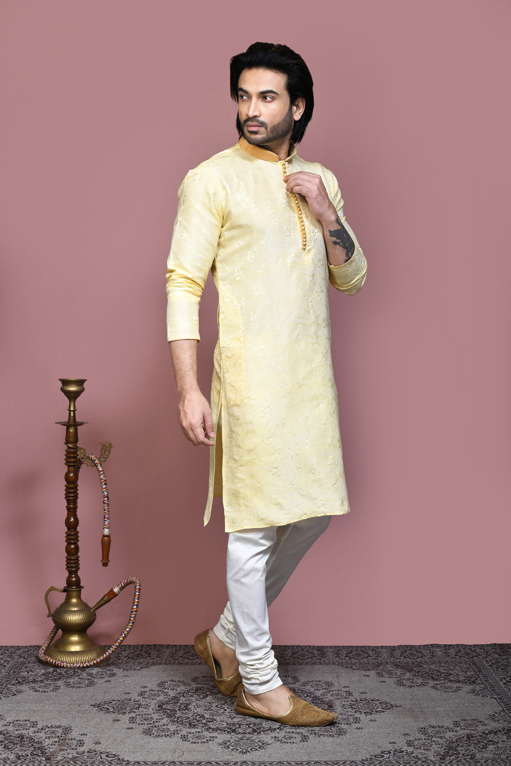 Gold Colour Art Silk Fabric Resham Woven Kurta Pajama