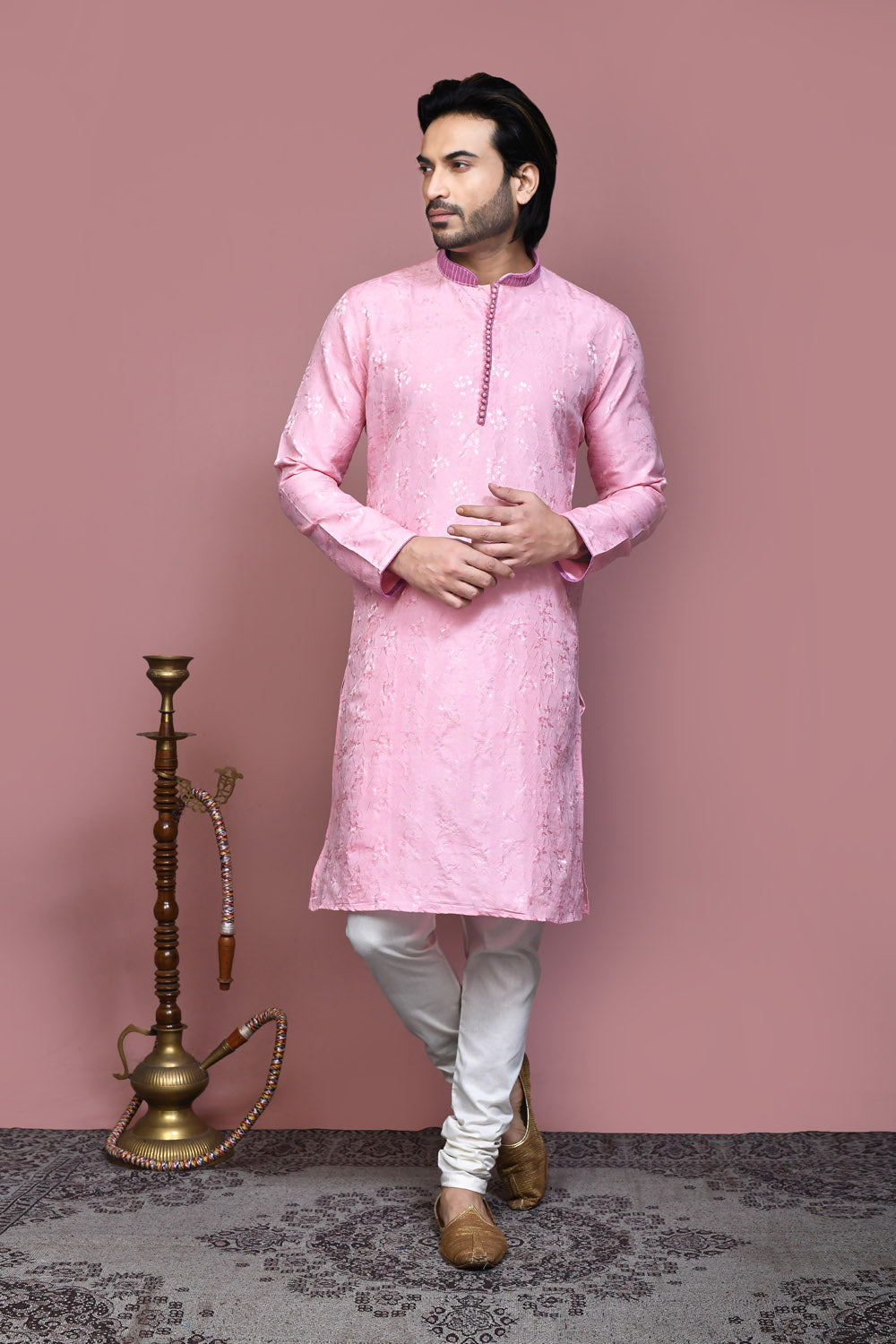 Pink Colour Art Silk Fabric Resham Woven Kurta Pajama