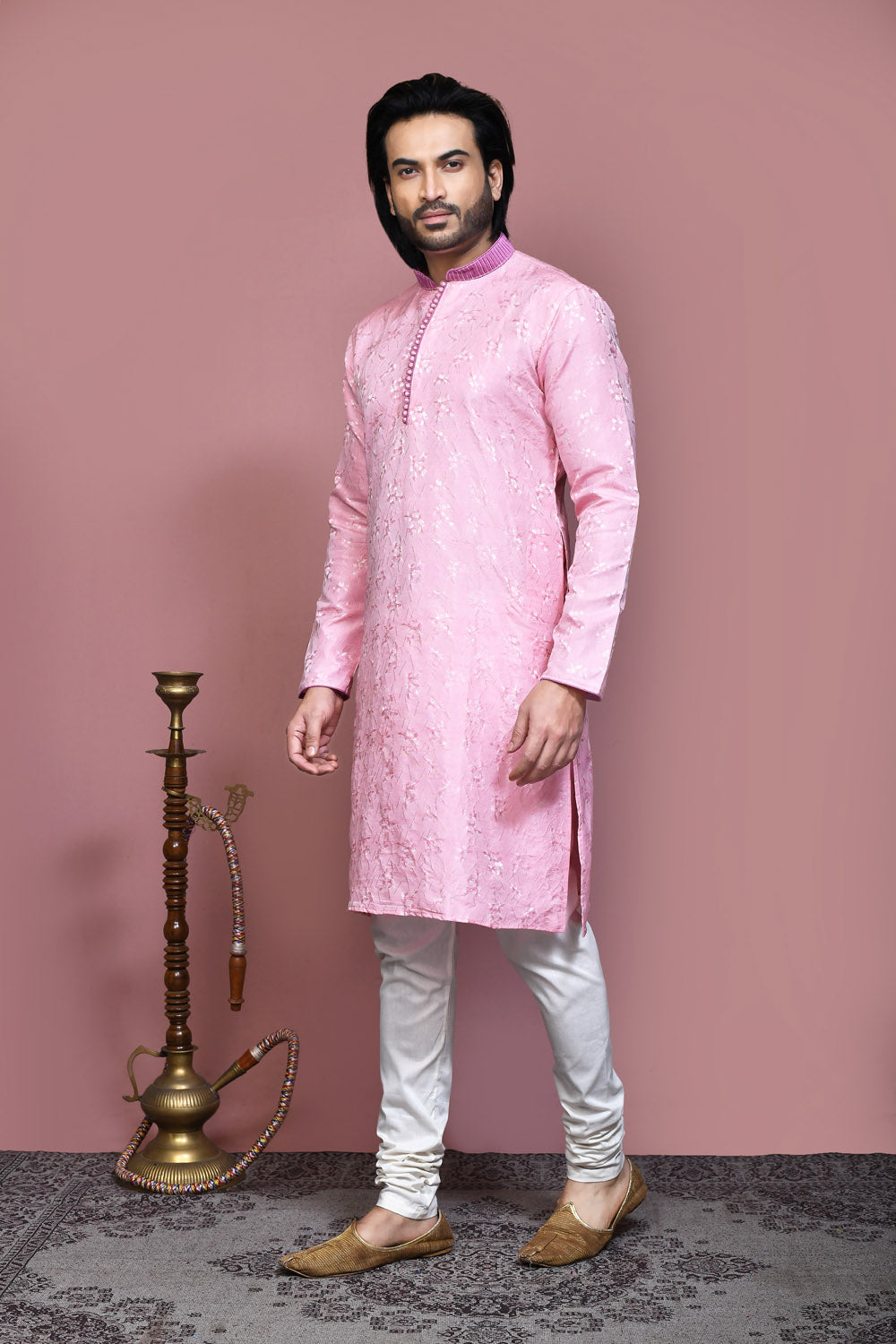 Pink Colour Art Silk Fabric Resham Woven Kurta Pajama