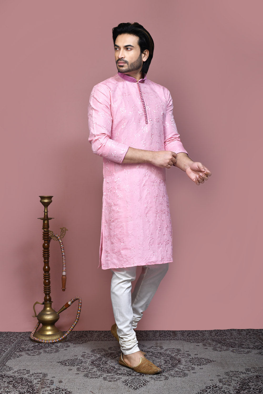 Pink Colour Art Silk Fabric Resham Woven Kurta Pajama