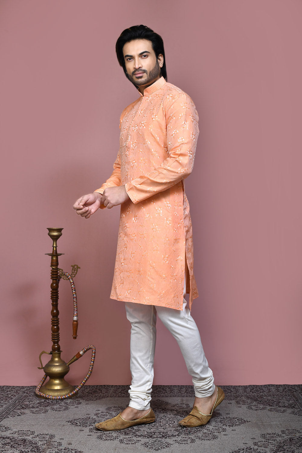 Rust Colour Art Silk Fabric Resham Woven Kurta Pajama