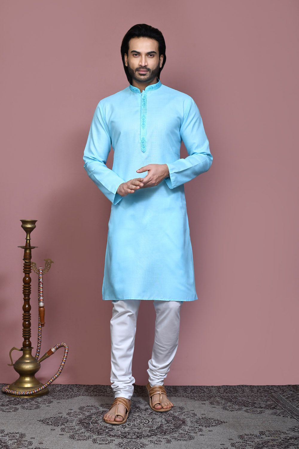 Firoza Colour Cotton Fabric With Embroidered Kurta Pajama