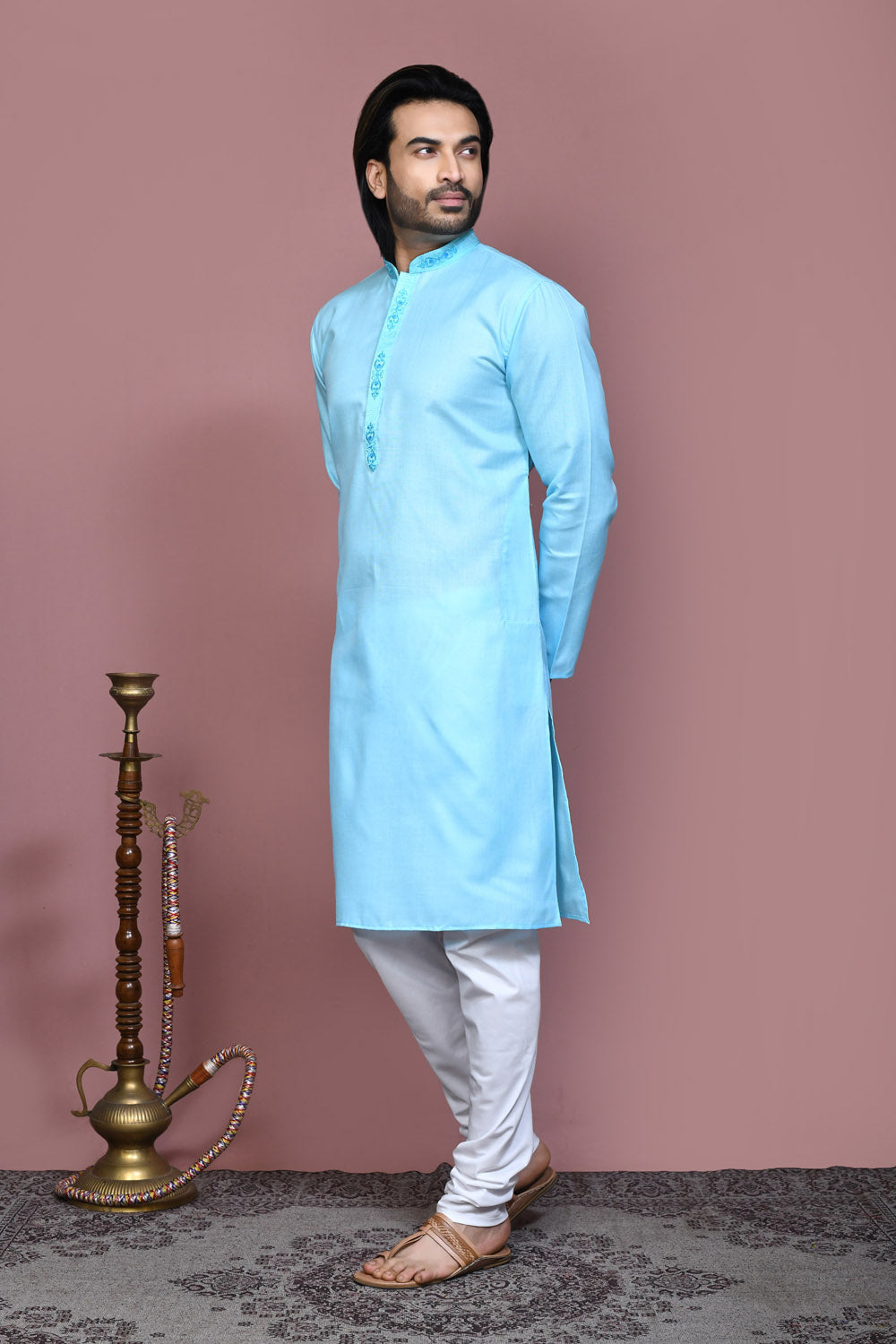 Firoza Colour Cotton Fabric With Embroidered Kurta Pajama