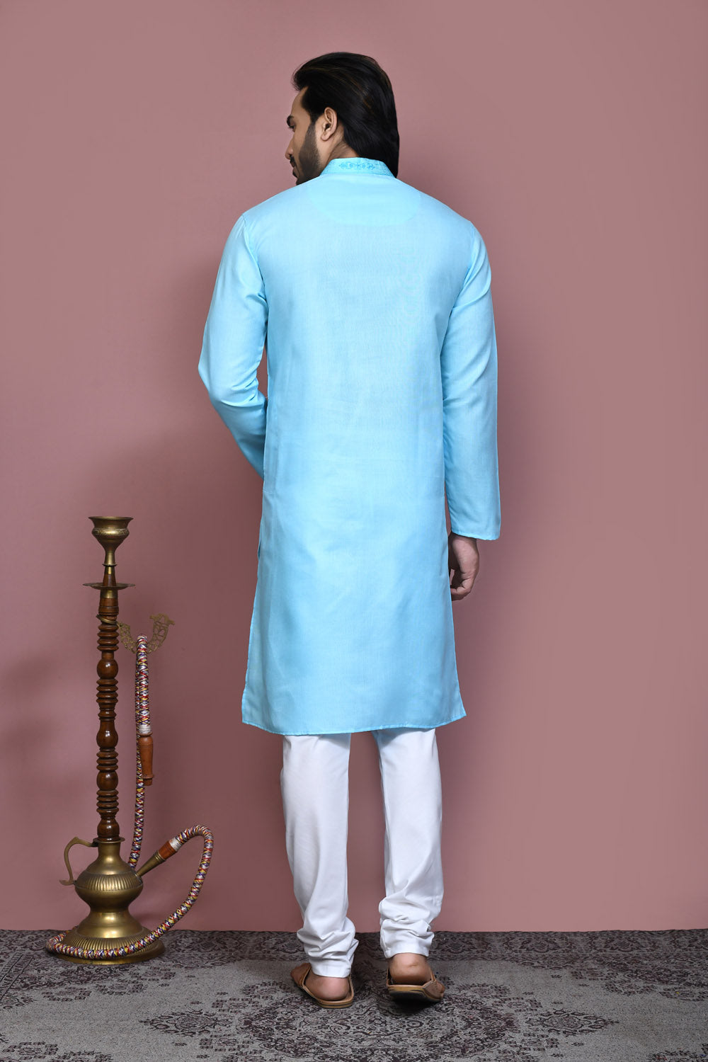 Firoza Colour Cotton Fabric With Embroidered Kurta Pajama