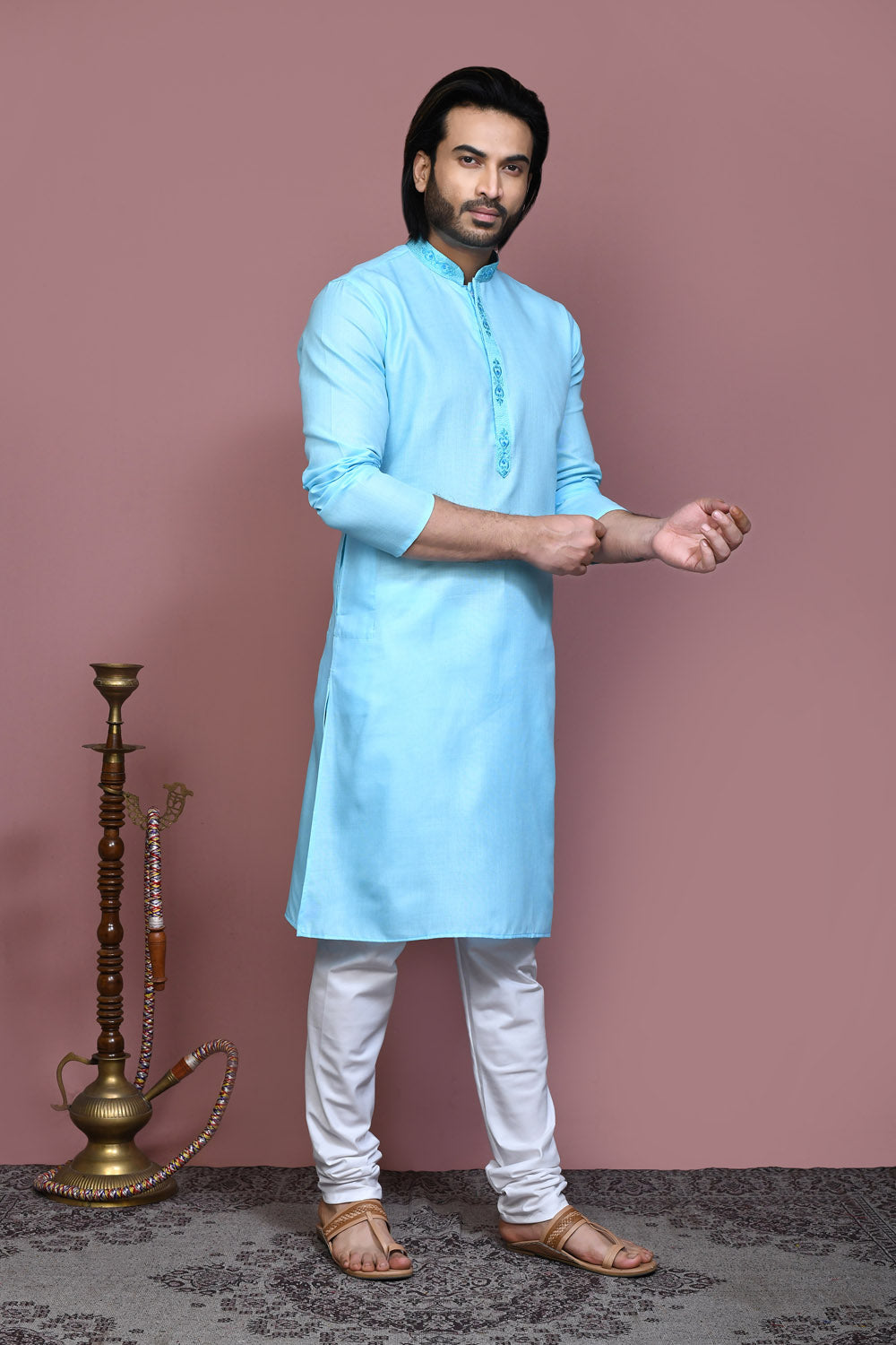 Firoza Colour Cotton Fabric With Embroidered Kurta Pajama