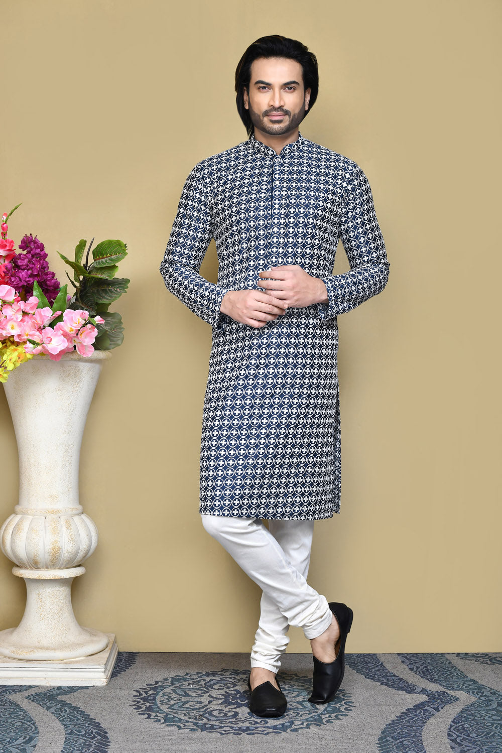 Navy Blue Colour Cotton Fabric With Pattern Work Kurta Pajama