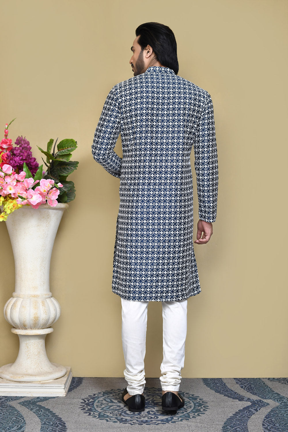 Navy Blue Colour Cotton Fabric With Pattern Work Kurta Pajama