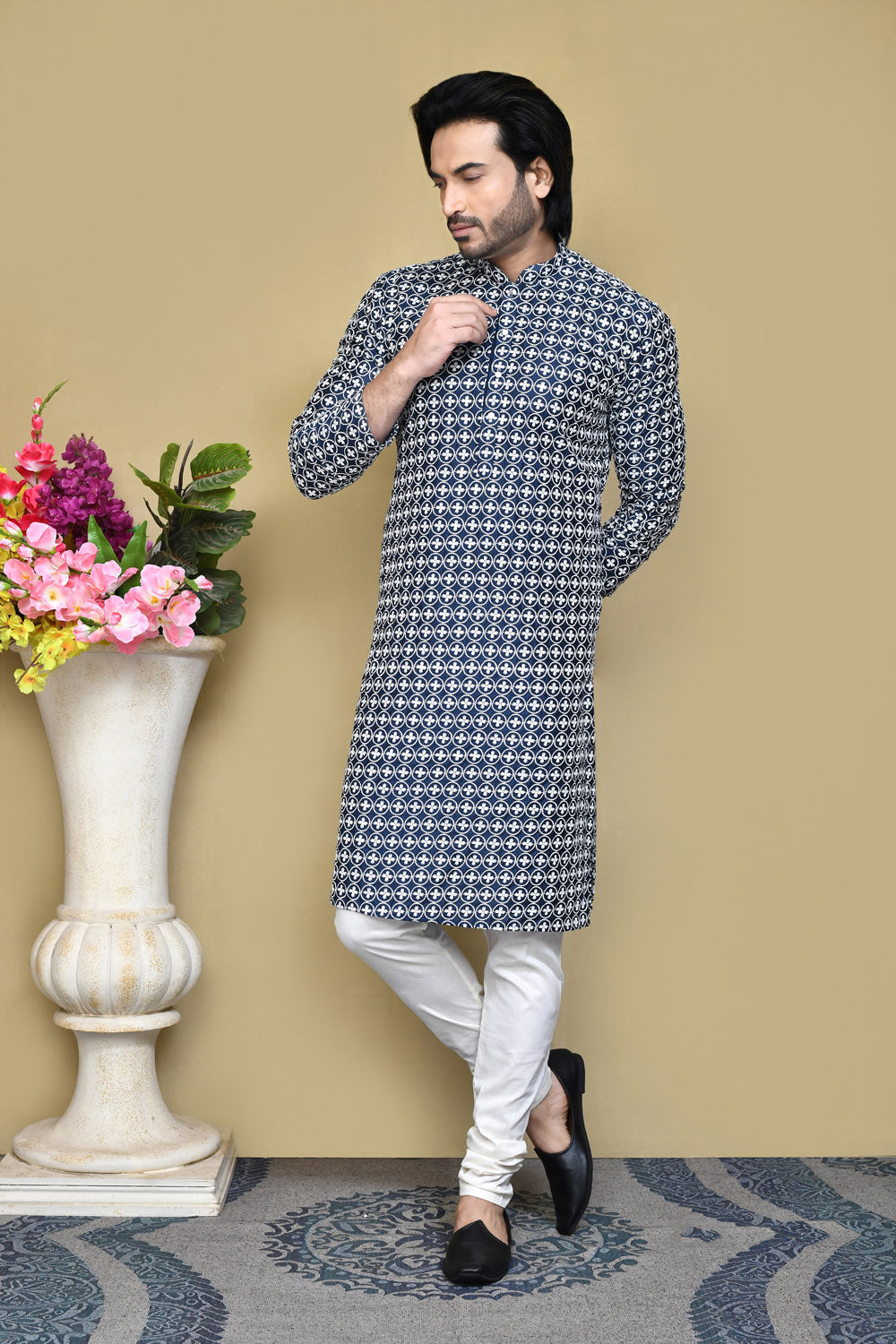 Navy Blue Colour Cotton Fabric With Pattern Work Kurta Pajama