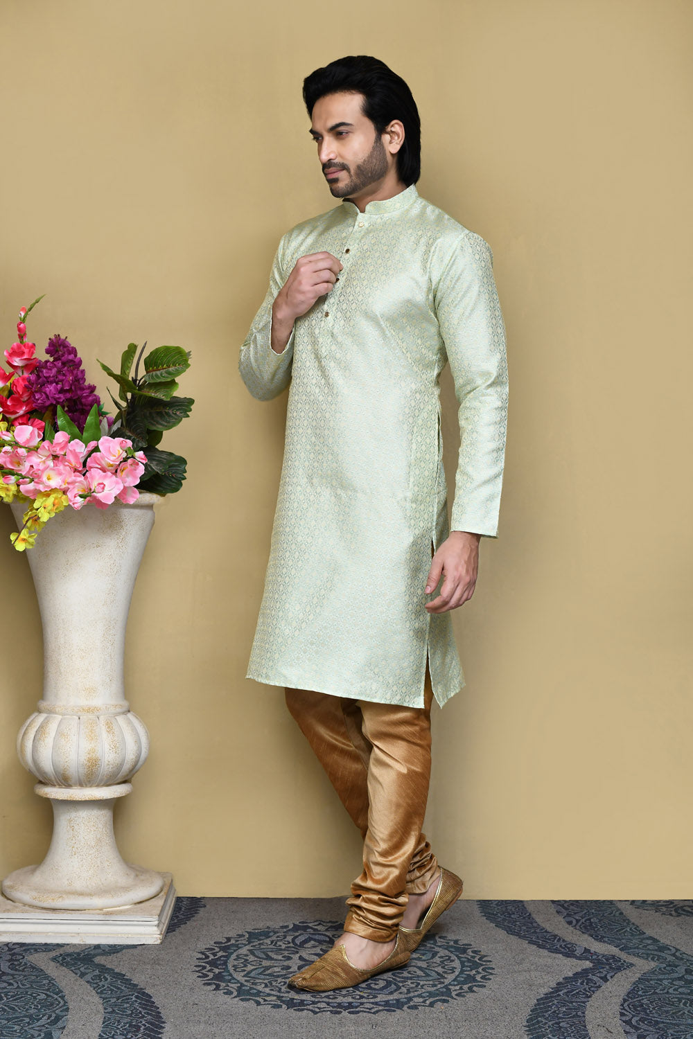 Pista Colour Art Silk Fabric Woven Kurta Pajama