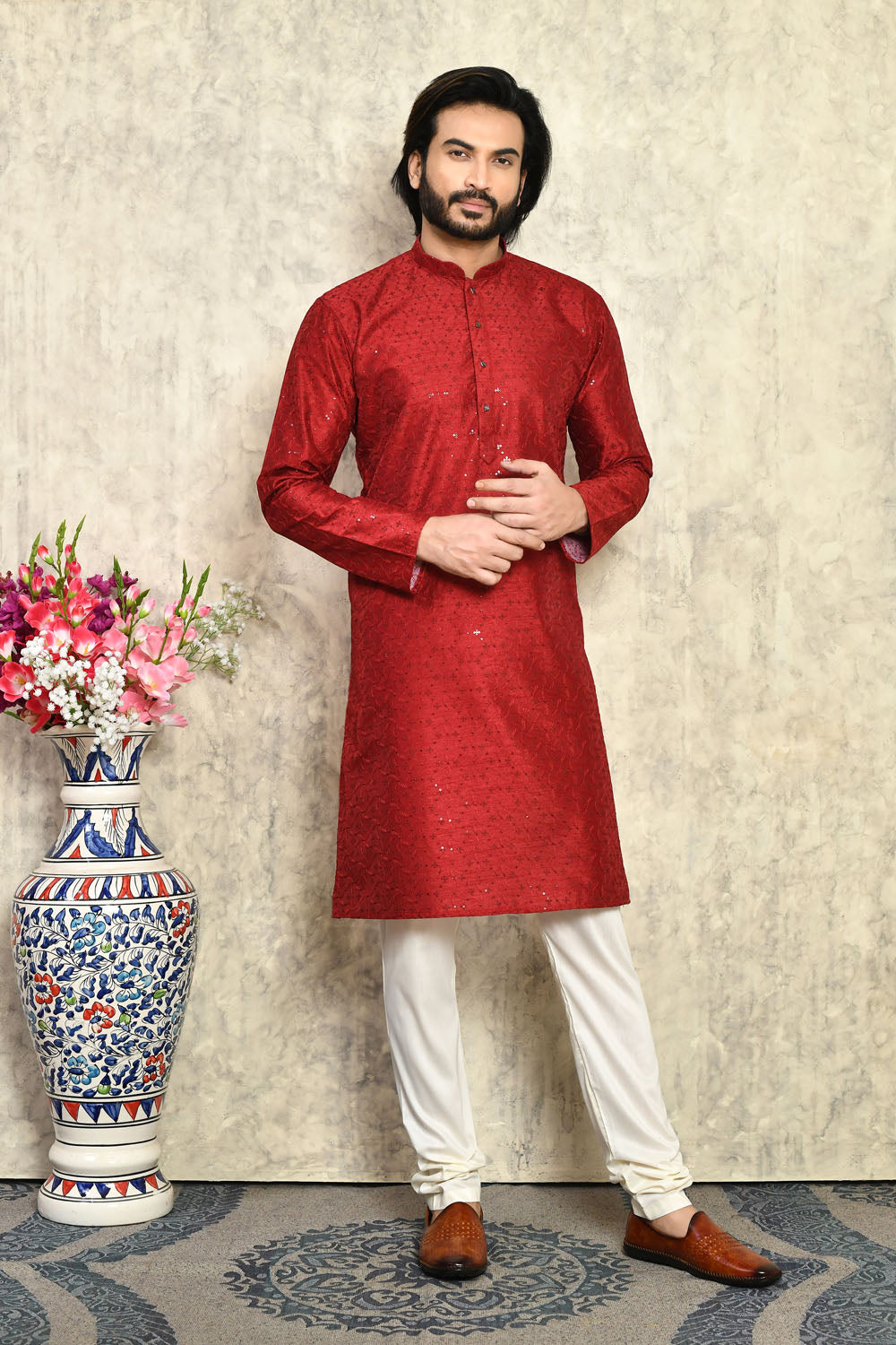 Maroon Colour Art Silk Fabric With Plain Style Kurta Pajama