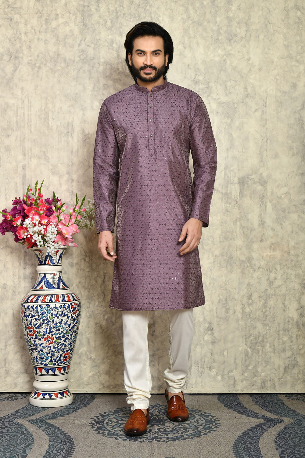 Purple Colour Art Silk Fabric With Plain Style Kurta Pajama