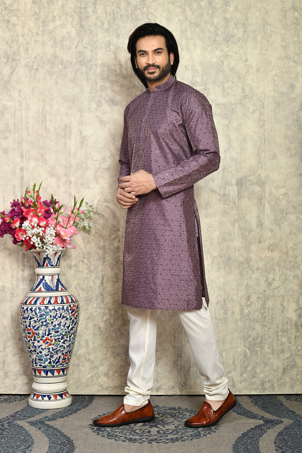 Purple Colour Art Silk Fabric With Plain Style Kurta Pajama