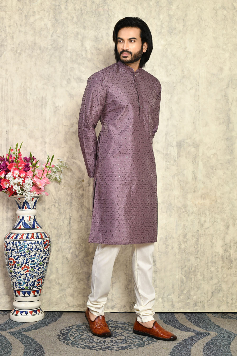 Purple Colour Art Silk Fabric With Plain Style Kurta Pajama