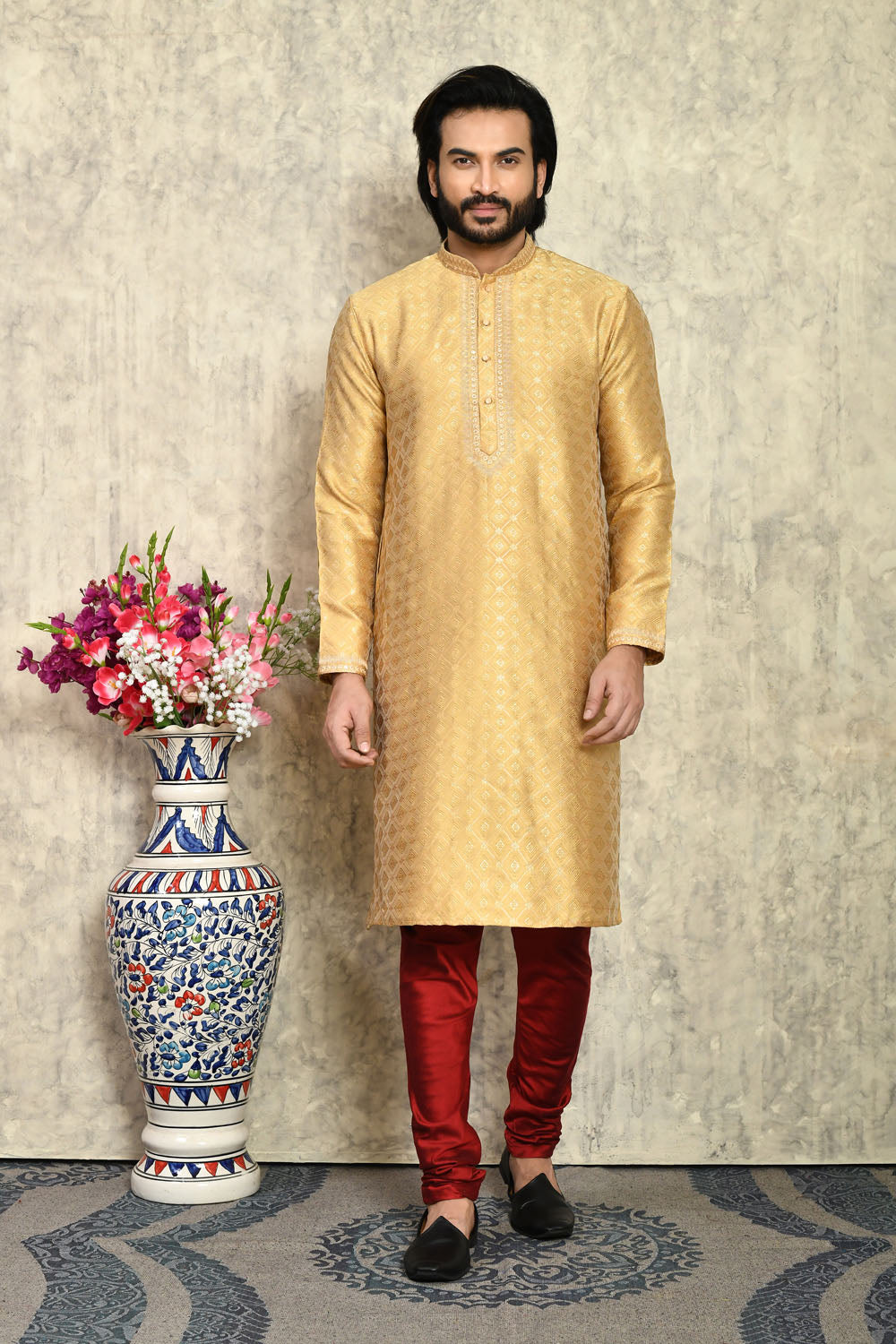 Gold Colour Art Silk Fabric With Embroidered Kurta Pajama