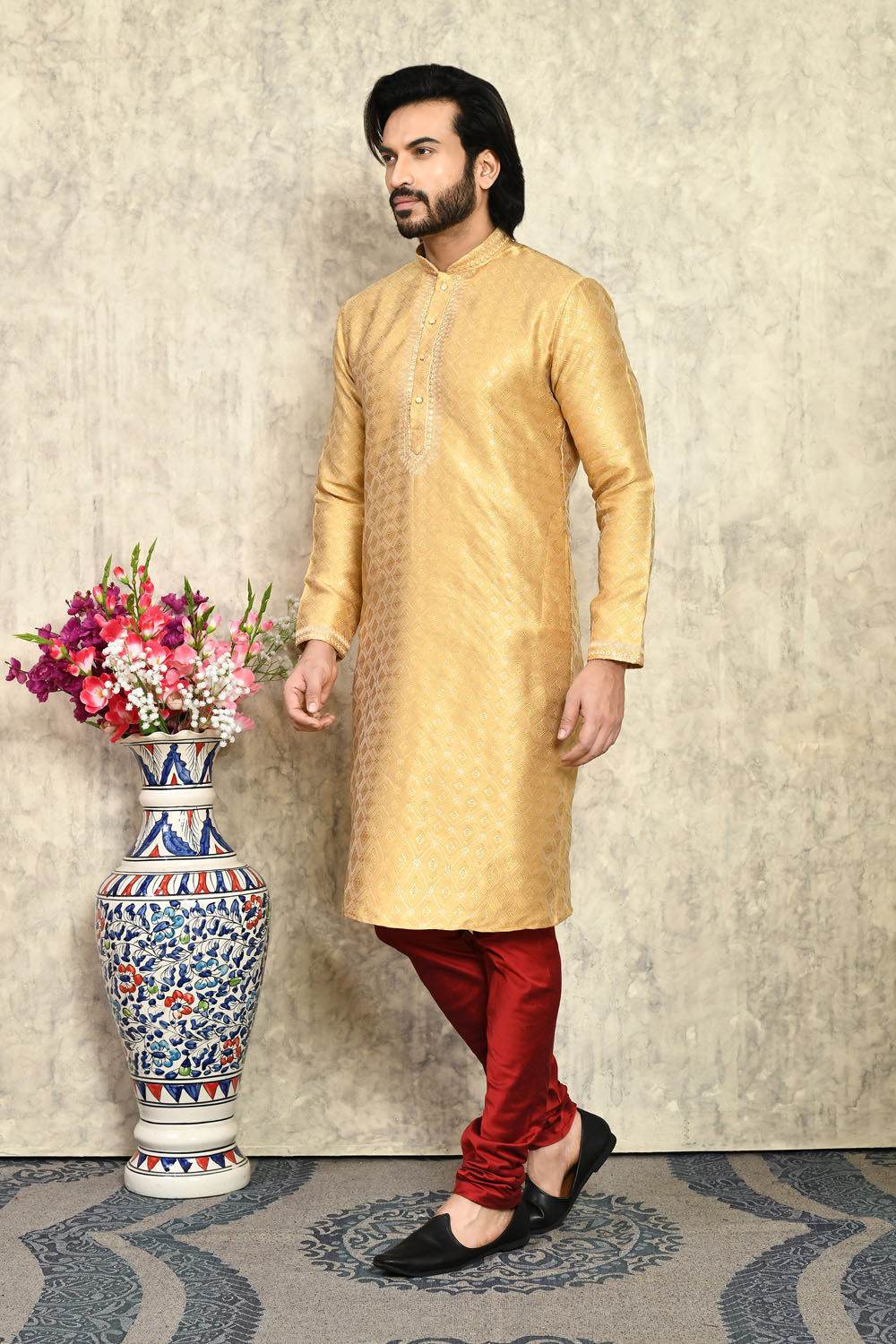 Gold Colour Art Silk Fabric With Embroidered Kurta Pajama