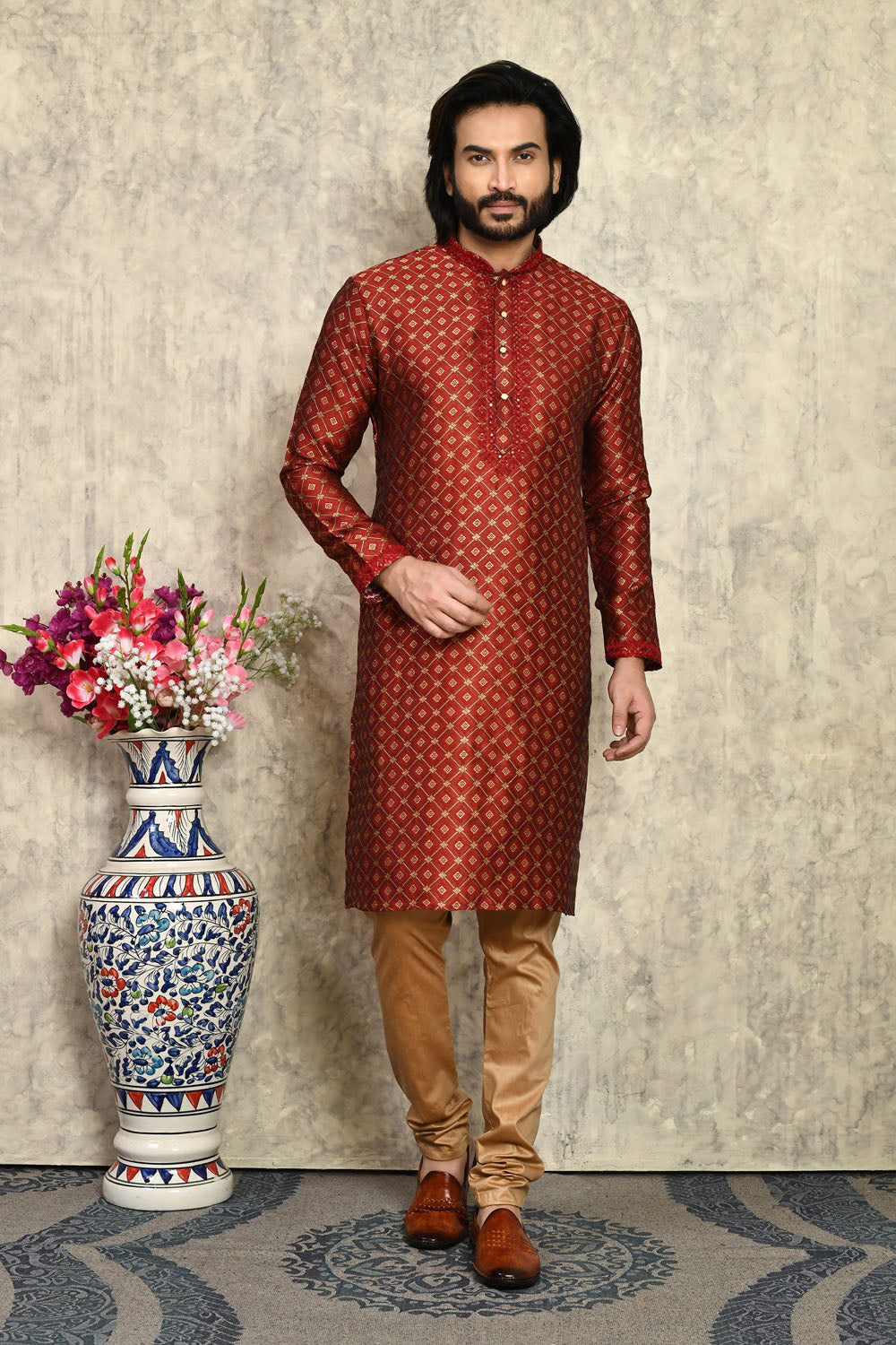 Maroon Colour Art Silk Fabric With Embroidered Kurta Pajama