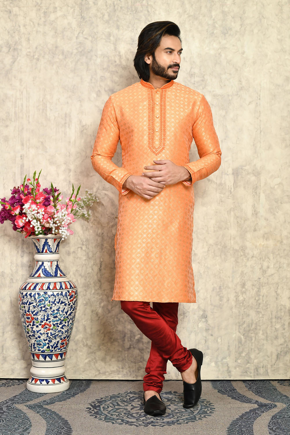 Rust Colour Art Silk Fabric With Embroidered Kurta Pajama