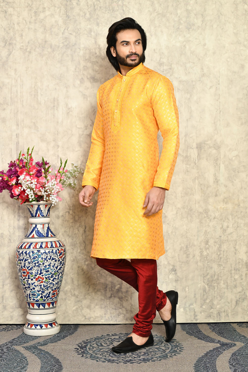 Yellow Colour Art Silk Fabric With Embroidered Kurta Pajama