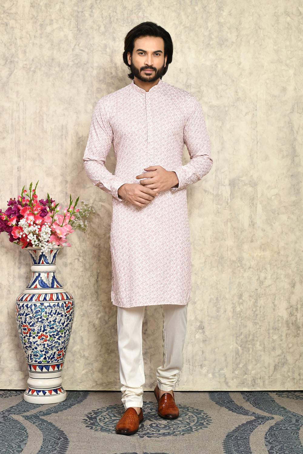 Rust Colour Cotton  Fabric With Plain Style Kurta Pajama