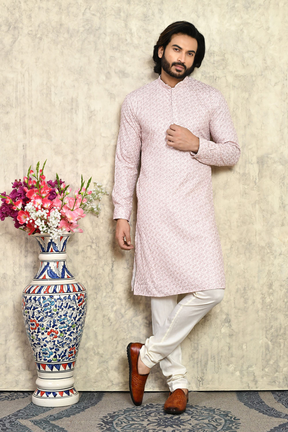 Rust Colour Cotton  Fabric With Plain Style Kurta Pajama