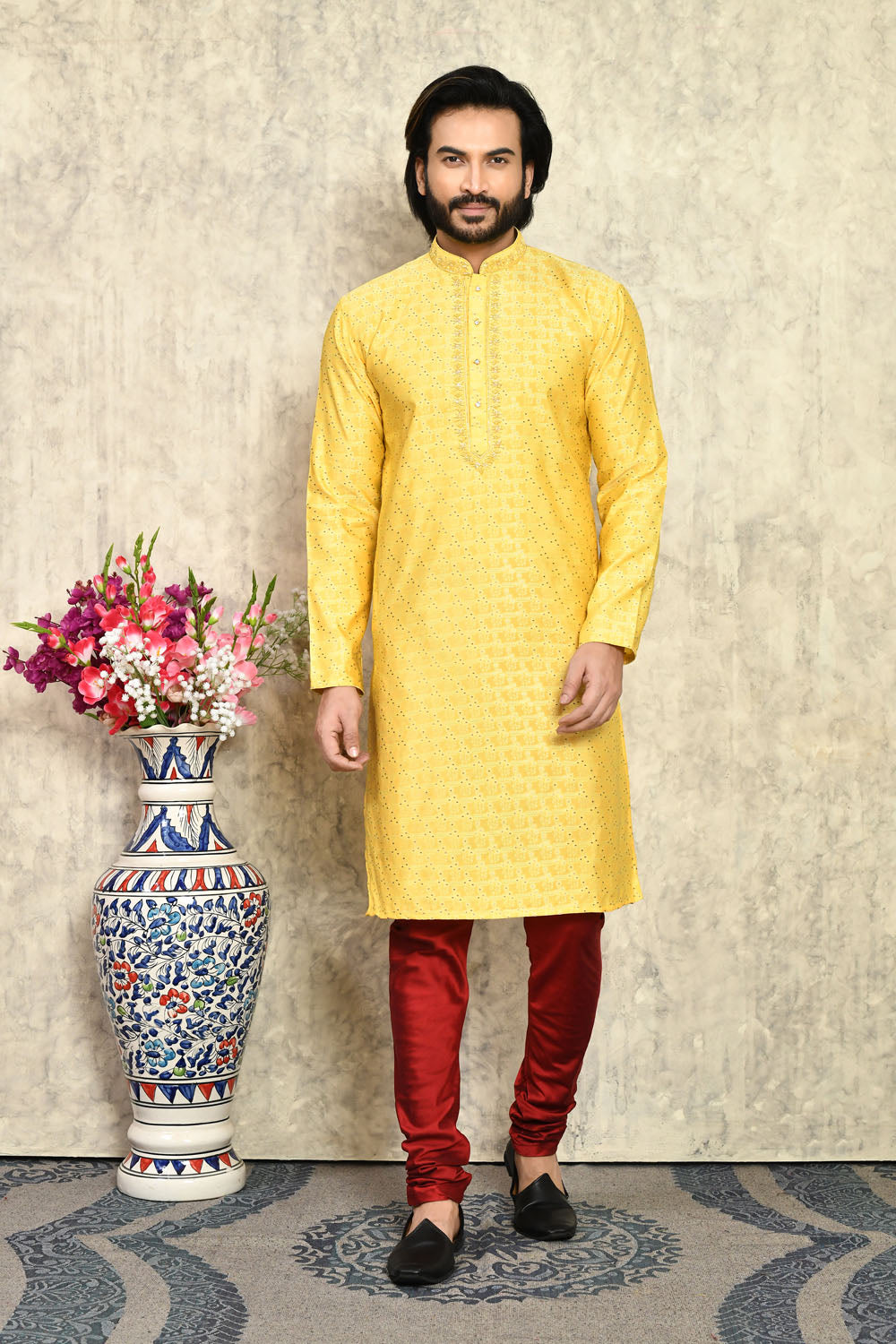 Yellow Colour Art Silk Fabric With Hand Work Kurta Pajama