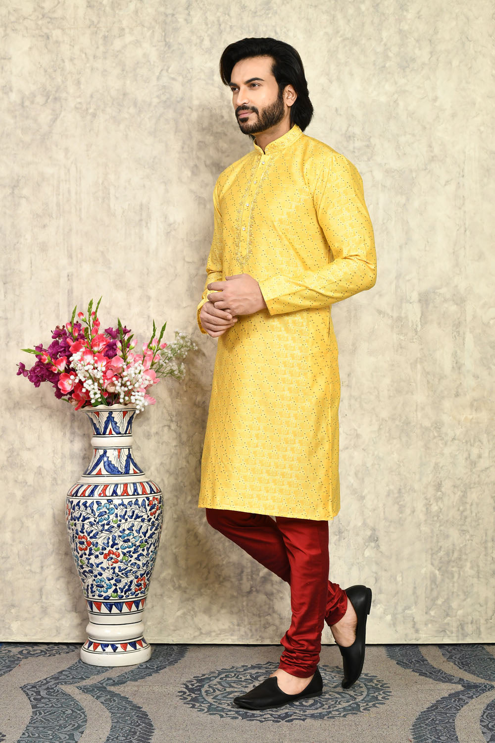 Yellow Colour Art Silk Fabric With Hand Work Kurta Pajama