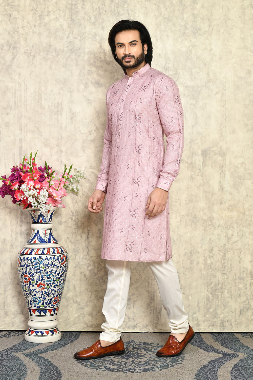 Mauve Colour Cotton  Fabric With Plain Style Kurta Pajama