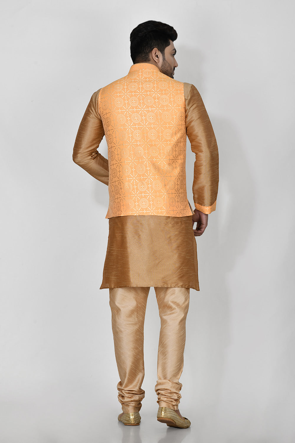 Orange Colour Jacquard Fabric Printed Kurta Pajama Jacket