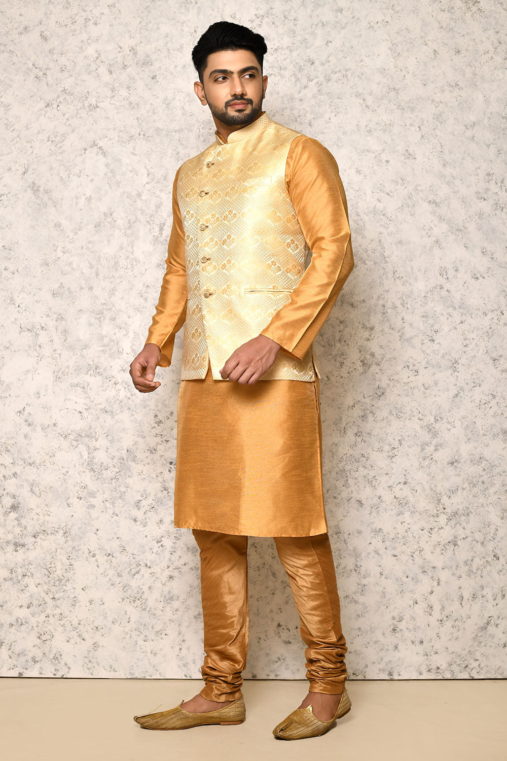 Gold Colour Jacquard Fabric With Pattern Work Jacket Set