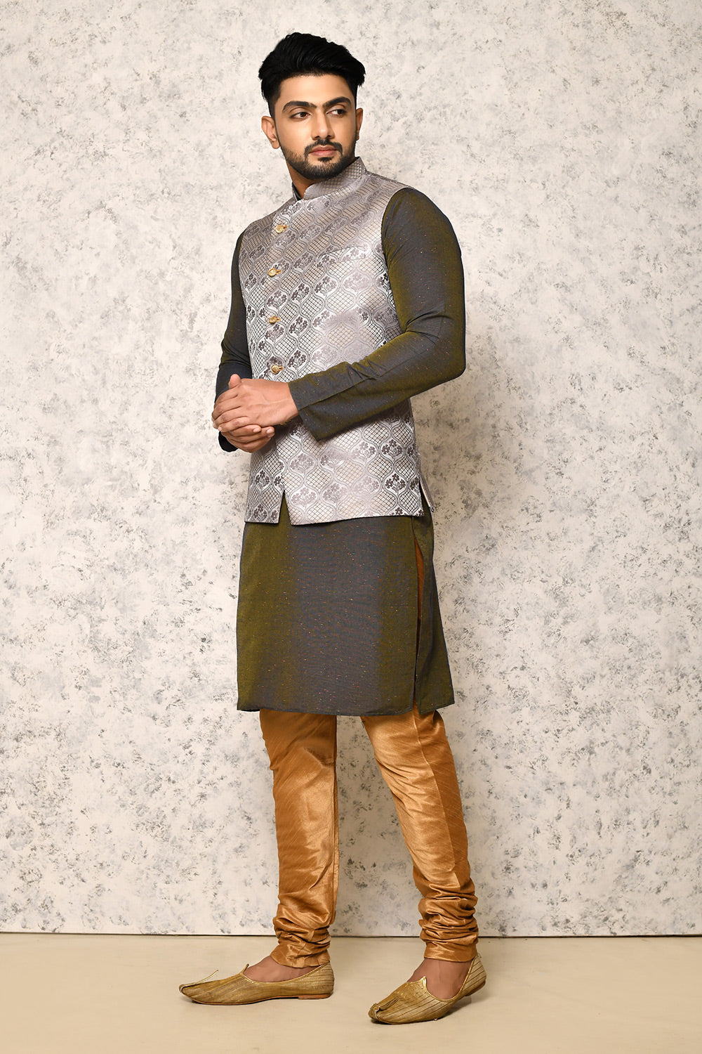 Grey Colour Jacquard Fabric With Pattern Work Jacket Set